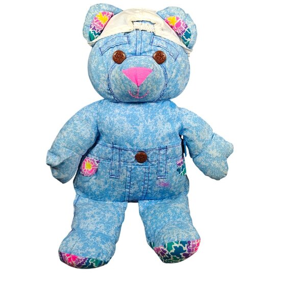 Vintage 1998 Doodle Bear 12" Blue Denim Print Stuffed Toy With Hat - Picture 1 of 10